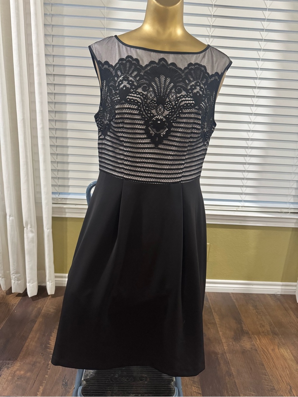 Adrianna Papell Black Lace Appliqué & Sheer Yoke Midi Dress